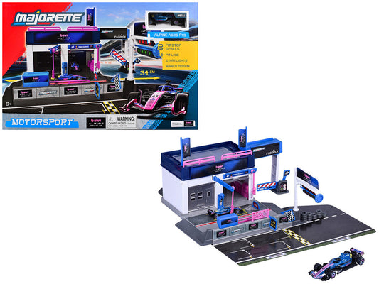 "BWT Alpine Formula One Team" (2025) Pit Stop Playset with Alpine A525 R19 1/64 Diecast Model Car by Majorette Majorette