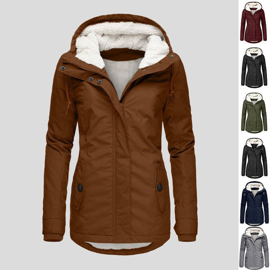 Winter Hooded Jacket Solid Color Warm Buckle Zip-up Fleece Jacket With Pockets Women's Casual Jacket LadyShow.Store