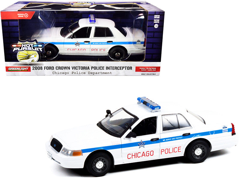 2008 Ford Crown Victoria Police Interceptor "CAPS" White with Blue Stripes "Chicago Police Department" "Hot Pursuit" Series 1/24 Diecast Model Car by Greenlight Greenlight