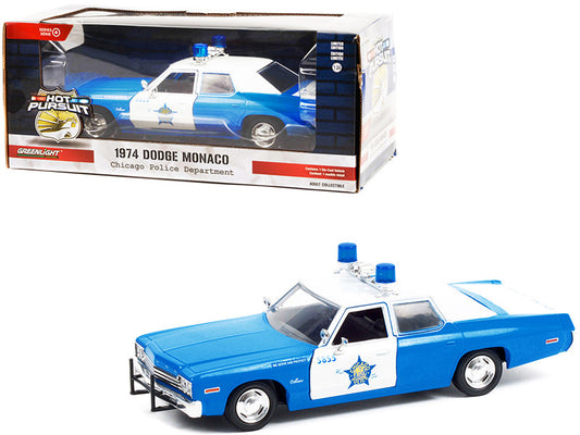 1974 Dodge Monaco Blue and White CPD "Chicago Police Department" (Illinois) "Hot Pursuit" Series 1/24 Diecast Model Car by Greenlight-0