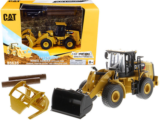CAT Caterpillar 950M Wheel Loader with Bucket and Log Fork with Two Log Poles "Play & Collect!" 1/64 Diecast Model by Diecast Masters-0