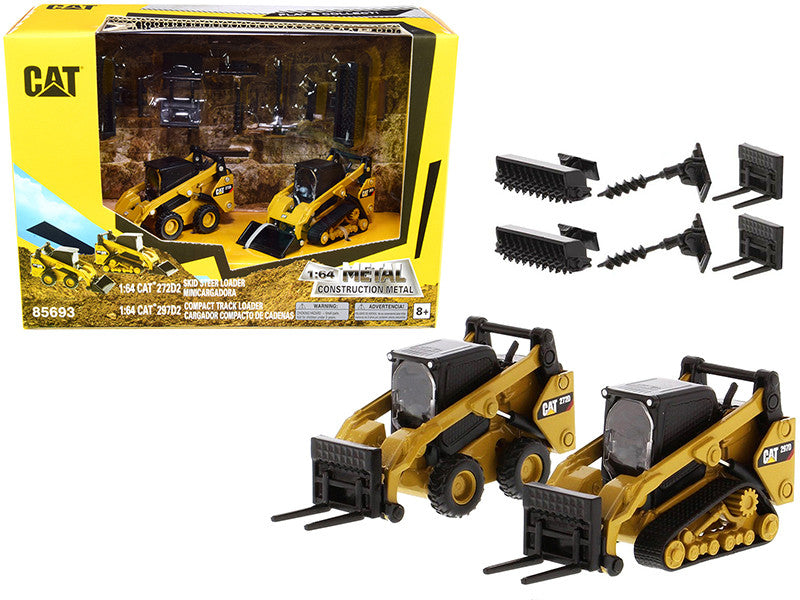 Set of 2 pieces CAT Caterpillar 272D2 Skid Steer Loader and CAT Caterpillar 297D2 Compact Track Loader with Accessories 1/64 Diecast Models by Diecast Masters-0