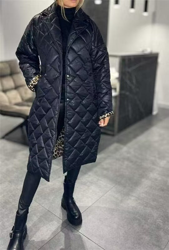 Winter Rhombus Stitching Coat Warm Solid Color Pocket Lapel Long Jacket Women's Clothing LadyShow.Store
