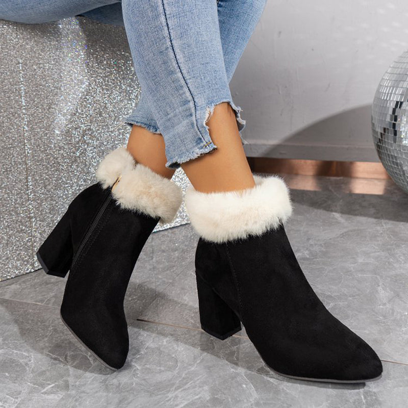 New Plaid Print Plush Ankle Boots Winter Fashoin Square Heel Suede Boots Women Casual Versatile Shoes Autumn And Winter Best YouTube Store