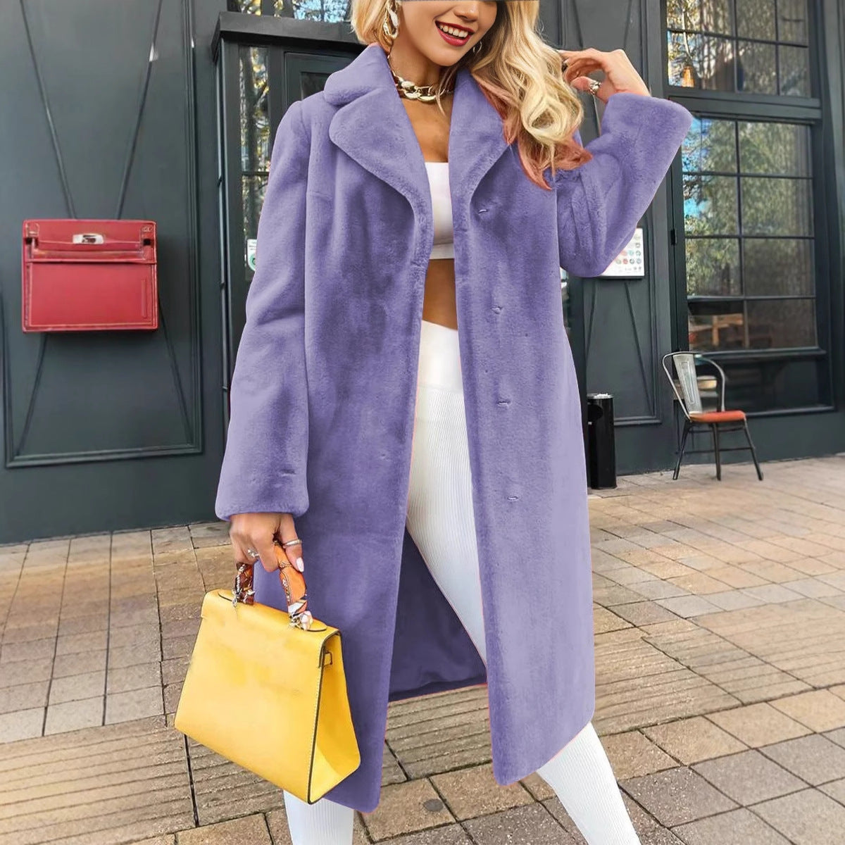Women's Fashionable Elegant Lace-up Turn-down Collar Plush Long Coat Accent Plus