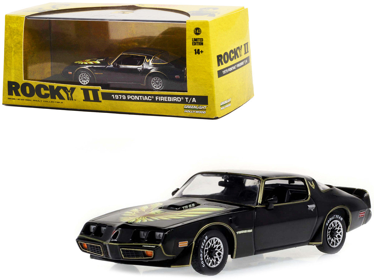 1979 Pontiac Firebird T/A Trans Am Black with Hood Phoenix "Rocky II (1979) Movie" 1/43 Diecast Model Car by Greenlight-0