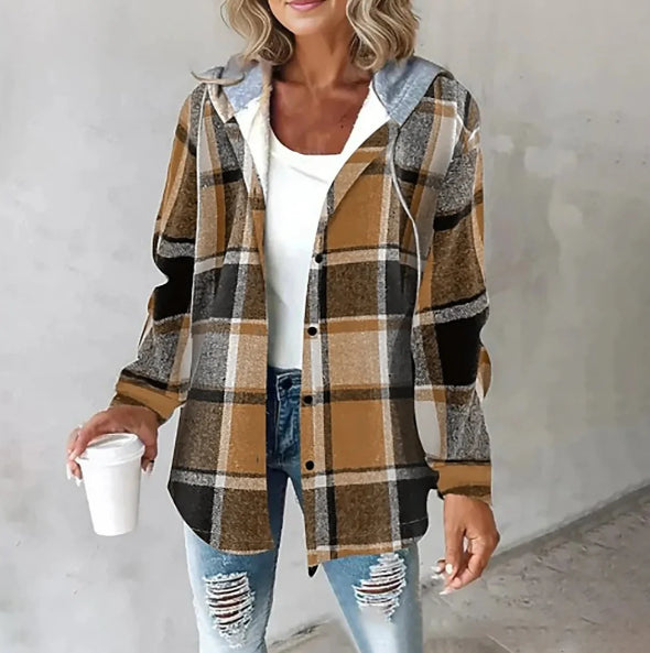 Plaid Hooded Jacket Fashion Casual Button Pocket Coat Autumn And Winter Women's Clothing Accent Plus