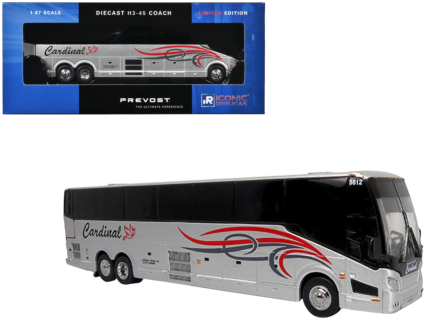 Prevost H3-45 Coach Bus "Cardinal Transportation" Silver Metallic with Graphics Limited Edition 1/87 (HO) Diecast Model by Iconic Replicas