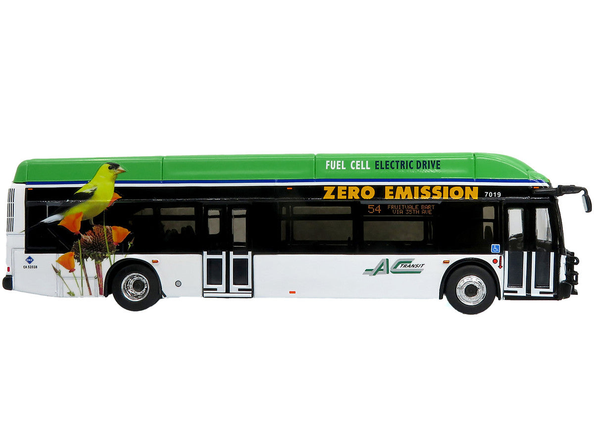 New Flyer Xcelsior XHE40 Transit Bus "AC Transit - Zero Emission" White and Green with Graphics "The Bus & Motorcoach Collection" Limited Edition 1/87 (HO) Diecast Model by Iconic Replicas-1