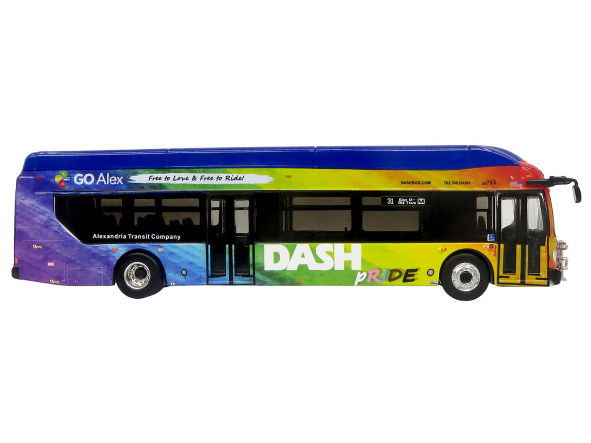 New Flyer Xcelsior XN40 Transit Bus "DASH Pride Livery" Blue with Rainbow Graphics "The Bus & Motorcoach Collection" Limited Edition 1/87 (HO) Diecast Model by Iconic Replicas Iconic Replicas