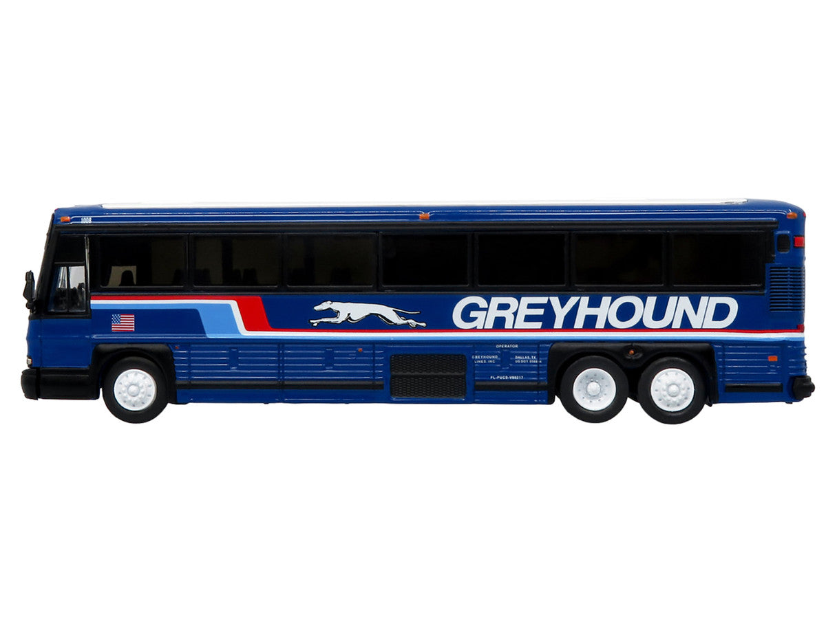 2001 MCI D4000 Coach Bus "Greyhound" Blue with Stripes "Vintage Bus & Motorcoach Collection" Limited Edition to 504 pieces Worldwide 1/87 (HO) Diecast Model by Iconic Replicas-1