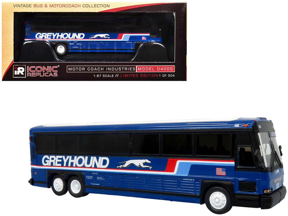 2001 MCI D4000 Coach Bus "Greyhound" Blue with Stripes "Vintage Bus & Motorcoach Collection" Limited Edition to 504 pieces Worldwide 1/87 (HO) Diecast Model by Iconic Replicas-4