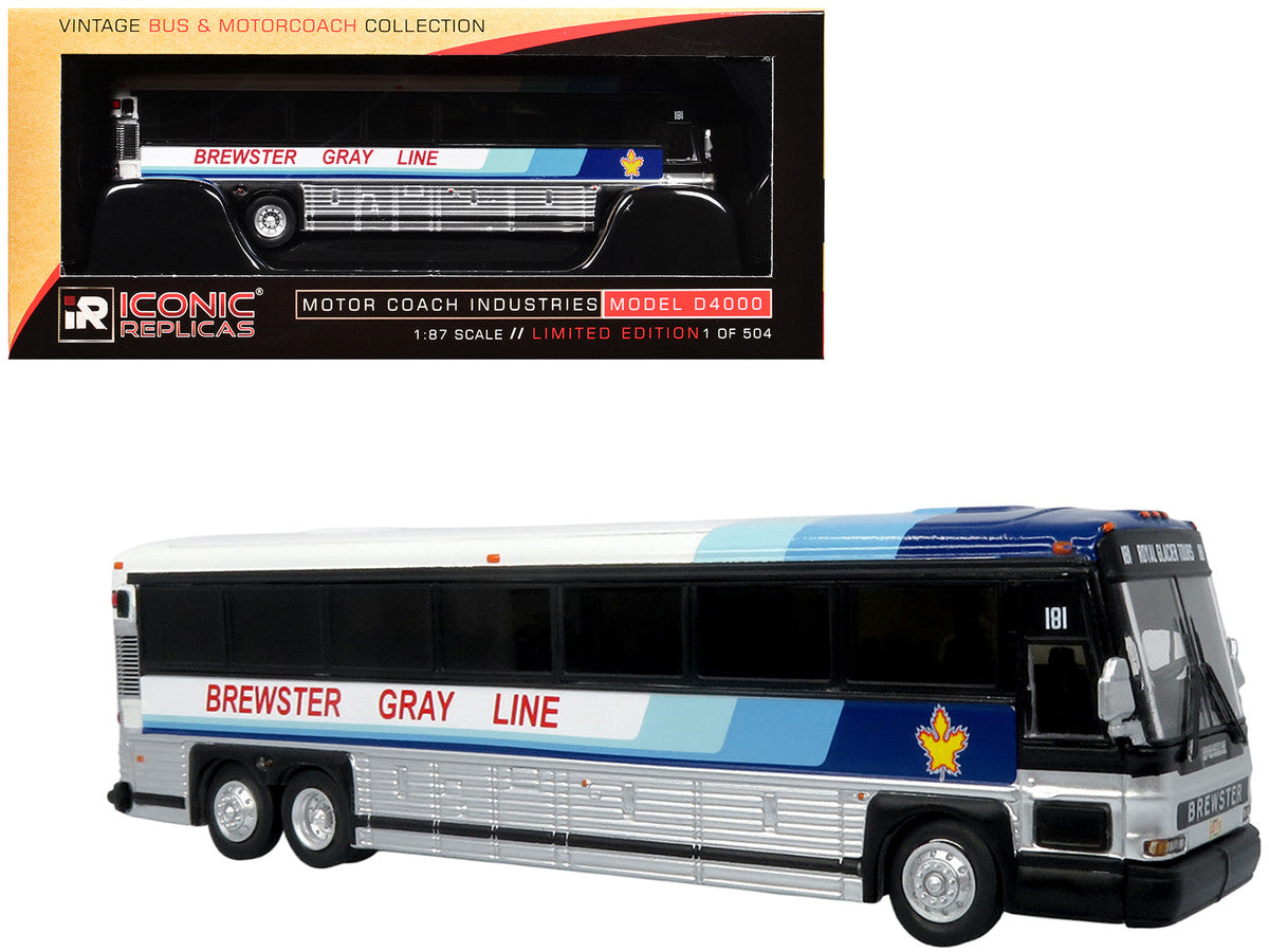 2001 MCI D4000 Coach Bus "Brewster Gray Line" White with Blue Stripes "Vintage Bus & Motorcoach Collection" Limited Edition to 504 pieces Worldwide 1/87 (HO) Diecast Model by Iconic Replicas Iconic Replicas