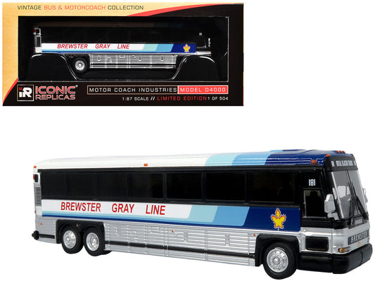 2001 MCI D4000 Coach Bus "Brewster Gray Line" White with Blue Stripes "Vintage Bus & Motorcoach Collection" Limited Edition to 504 pieces Worldwide 1/87 (HO) Diecast Model by Iconic Replicas Iconic Replicas