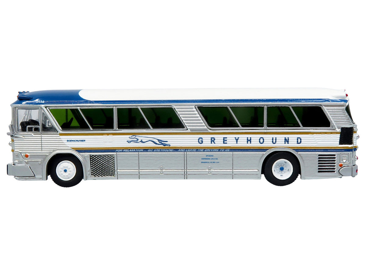 1964 MCI MC-5A Coach Bus "Greyhound Golden Anniversary" Silver with Blue and Gold Stripes "Vintage Bus & Motorcoach Collection" Limited Edition to 504 pieces Worldwide 1/87 (HO) Diecast Model by Iconic Replicas-1