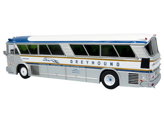 1964 MCI MC-5A Coach Bus "Greyhound Golden Anniversary" Silver with Blue and Gold Stripes "Vintage Bus & Motorcoach Collection" Limited Edition to 504 pieces Worldwide 1/87 (HO) Diecast Model by Iconic Replicas-0