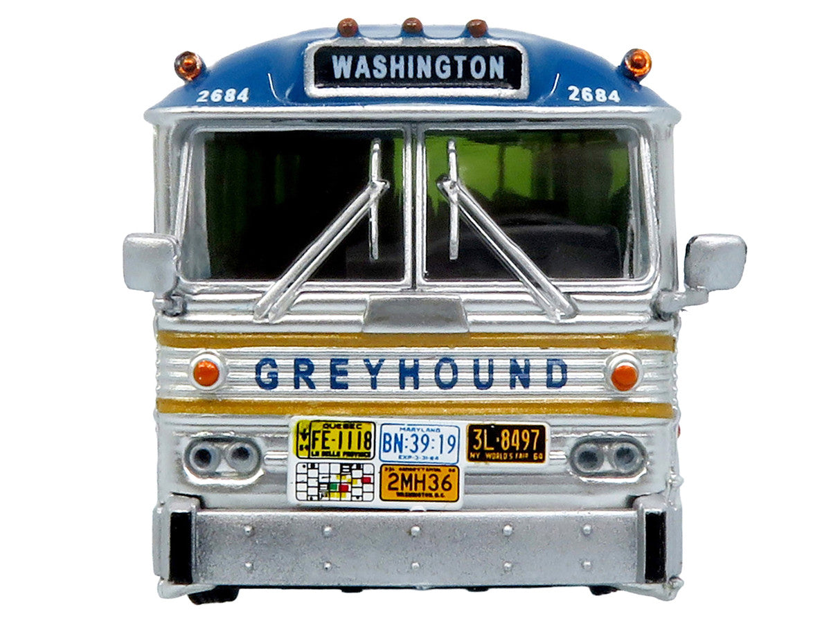 1964 MCI MC-5A Coach Bus "Greyhound Golden Anniversary" Silver with Blue and Gold Stripes "Vintage Bus & Motorcoach Collection" Limited Edition to 504 pieces Worldwide 1/87 (HO) Diecast Model by Iconic Replicas-3