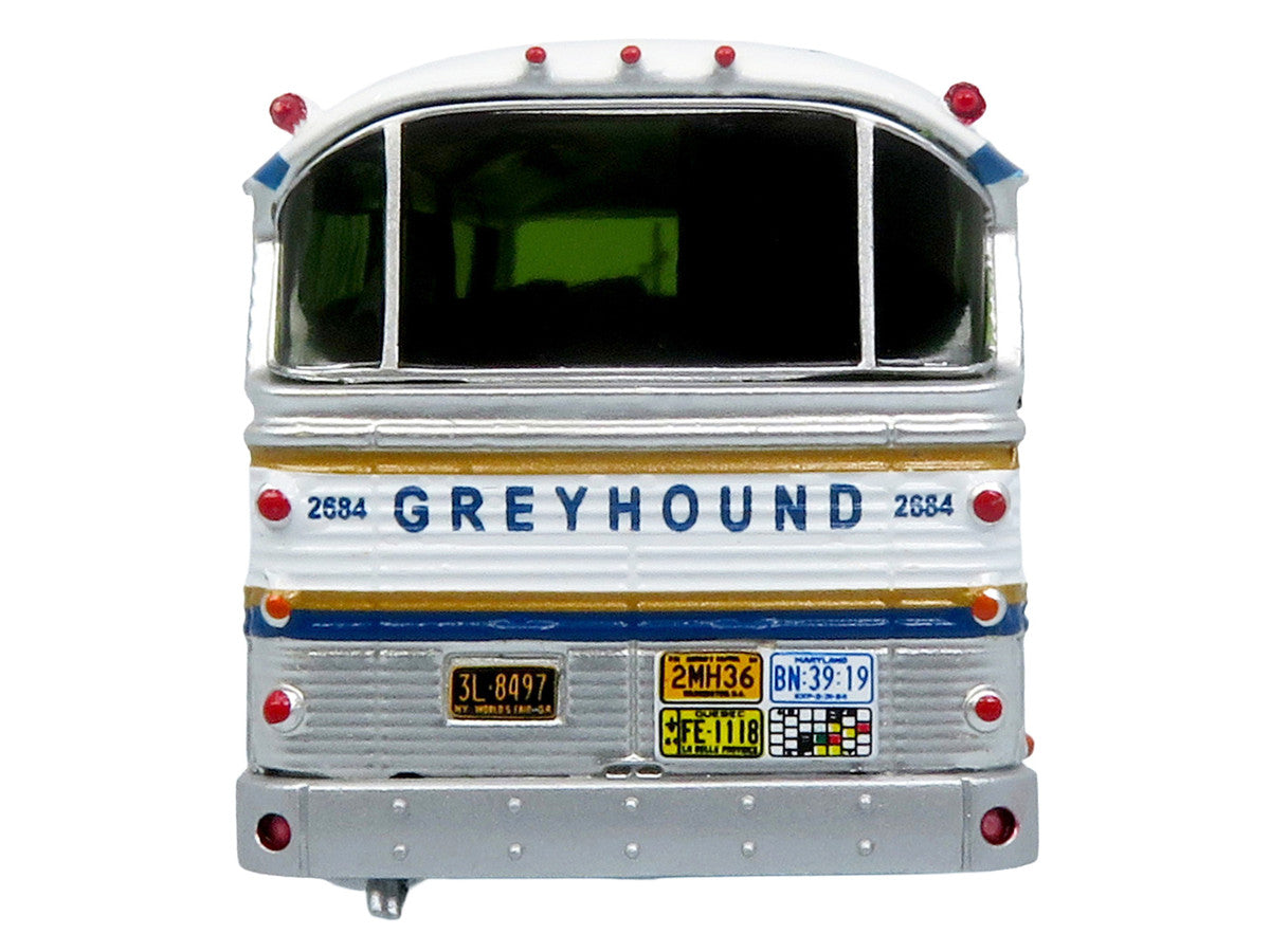 1964 MCI MC-5A Coach Bus "Greyhound Golden Anniversary" Silver with Blue and Gold Stripes "Vintage Bus & Motorcoach Collection" Limited Edition to 504 pieces Worldwide 1/87 (HO) Diecast Model by Iconic Replicas-2