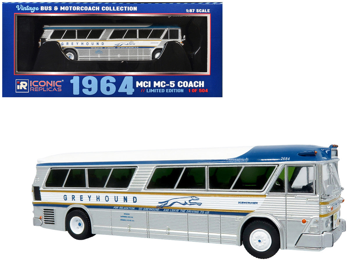 1964 MCI MC-5A Coach Bus "Greyhound Golden Anniversary" Silver with Blue and Gold Stripes "Vintage Bus & Motorcoach Collection" Limited Edition to 504 pieces Worldwide 1/87 (HO) Diecast Model by Iconic Replicas-4