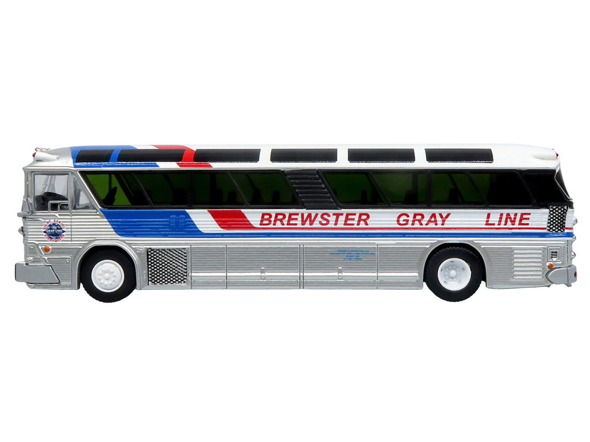 1964 MCI MC-5A Coach Bus "Brewster Gray Line" Silver with Blue and Red Stripes "Vintage Bus & Motorcoach Collection" Limited Edition to 504 pieces Worldwide 1/87 (HO) Diecast Model by Iconic Replicas Iconic Replicas