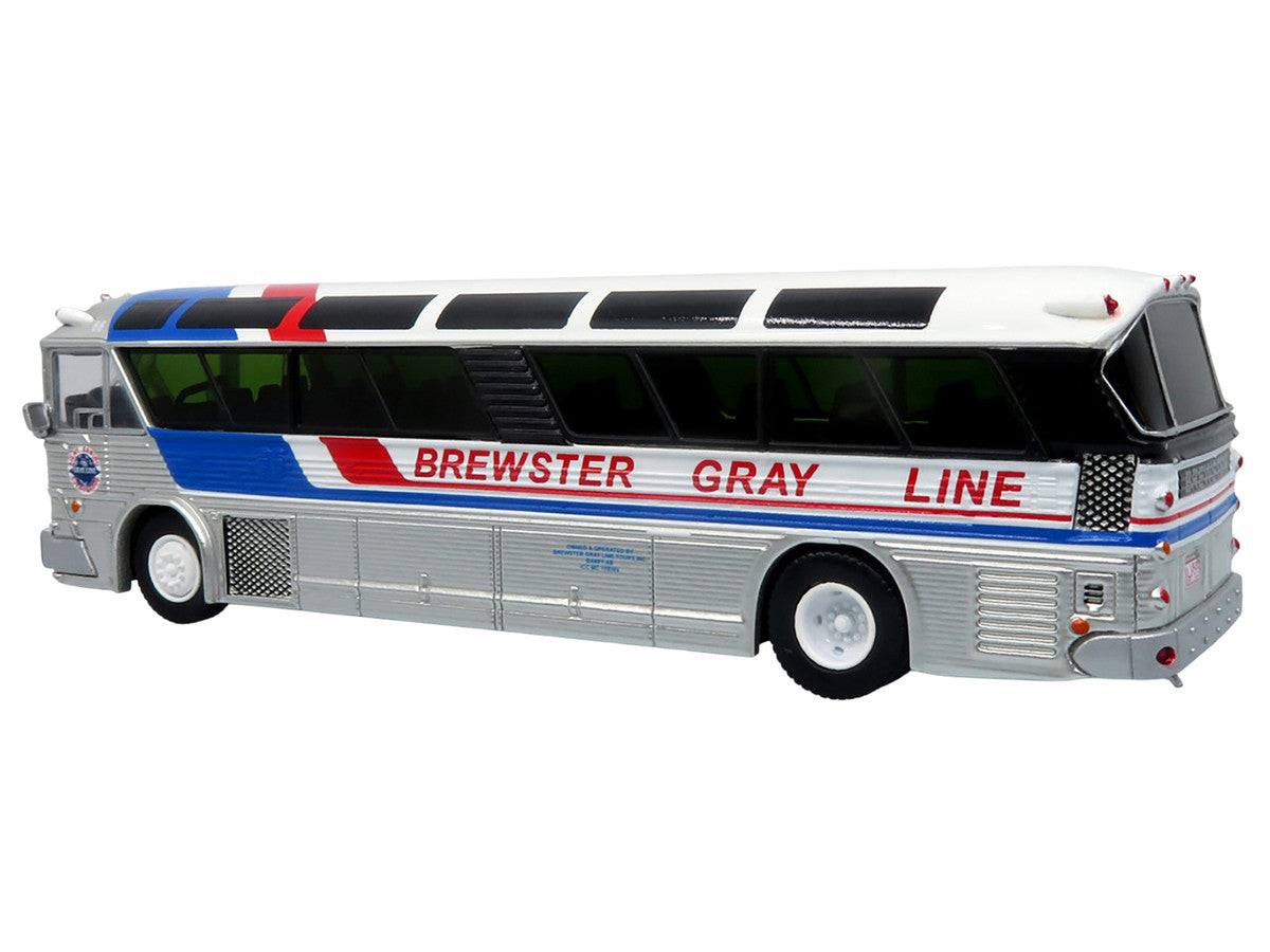 1964 MCI MC-5A Coach Bus "Brewster Gray Line" Silver with Blue and Red Stripes "Vintage Bus & Motorcoach Collection" Limited Edition to 504 pieces Worldwide 1/87 (HO) Diecast Model by Iconic Replicas Iconic Replicas