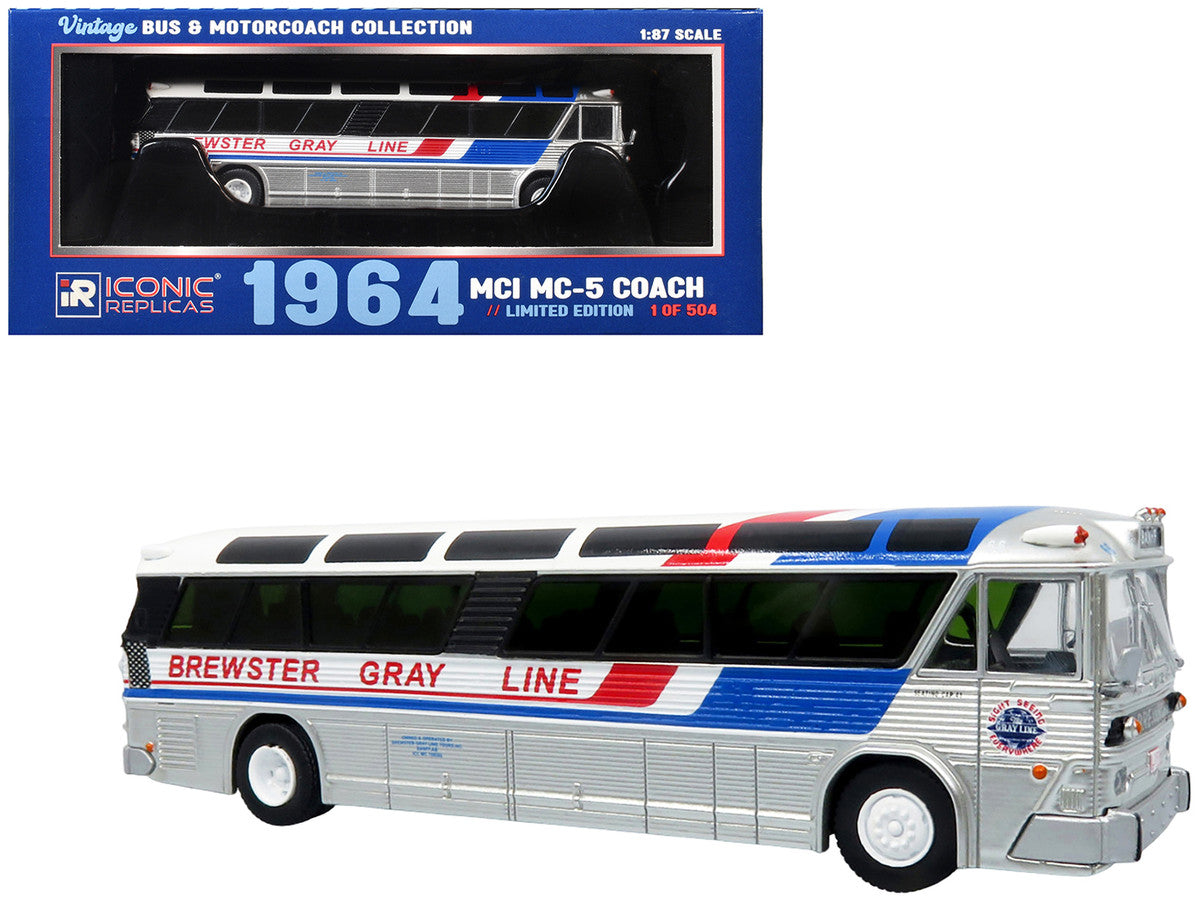 1964 MCI MC-5A Coach Bus "Brewster Gray Line" Silver with Blue and Red Stripes "Vintage Bus & Motorcoach Collection" Limited Edition to 504 pieces Worldwide 1/87 (HO) Diecast Model by Iconic Replicas Iconic Replicas
