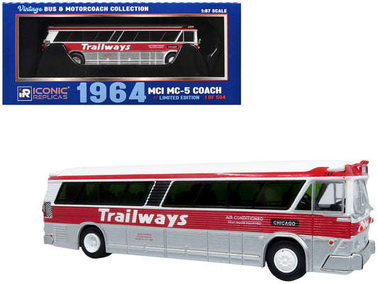 1964 MCI MC-5A Coach Bus "Trailways Chicago" White with Red Stripes "Vintage Bus & Motorcoach Collection" Limited Edition to 504 pieces Worldwide 1/87 (HO) Diecast Model by Iconic Replicas Iconic Replicas