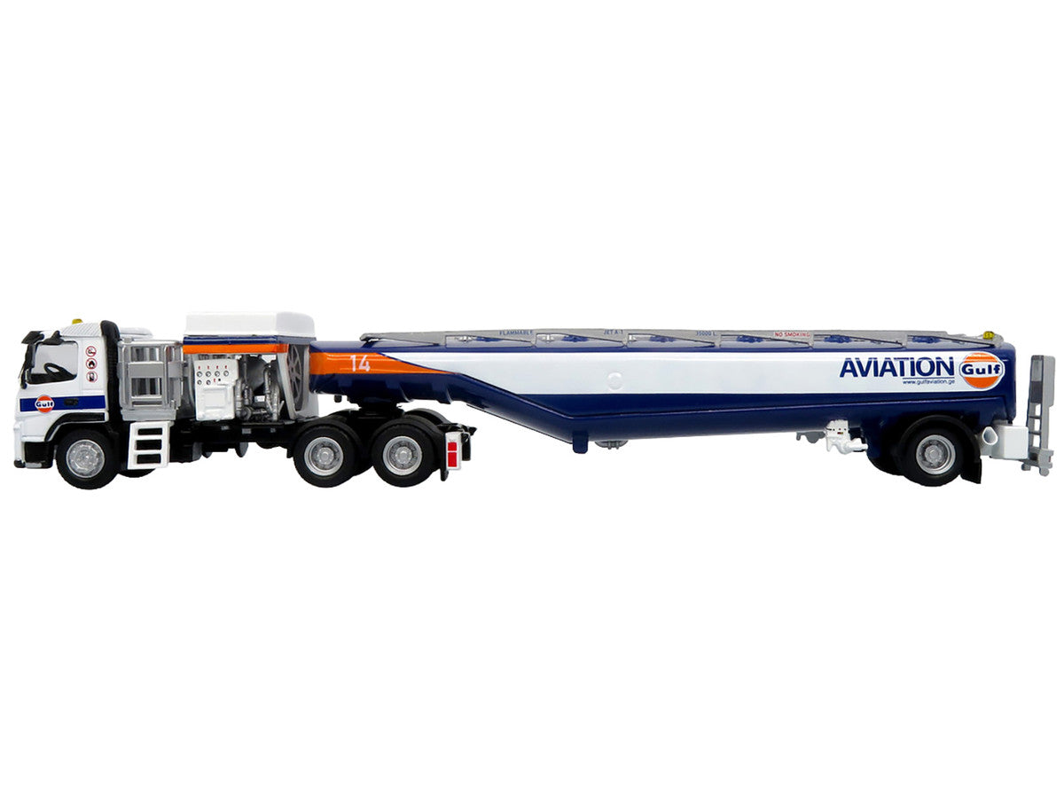 Volvo FM500 with Esterer Aviation Refueling Tanker Truck "Gulf Aviation" White with Blue Stripes Limited Edition 1/87 (HO) Diecast Model by Iconic Replicas Iconic Replicas