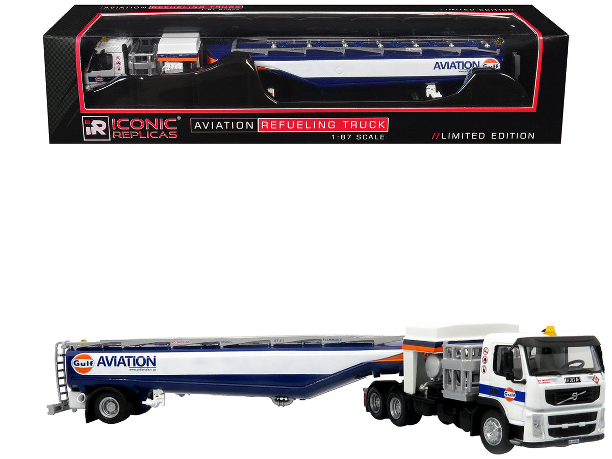 Volvo FM500 with Esterer Aviation Refueling Tanker Truck "Gulf Aviation" White with Blue Stripes Limited Edition 1/87 (HO) Diecast Model by Iconic Replicas Iconic Replicas