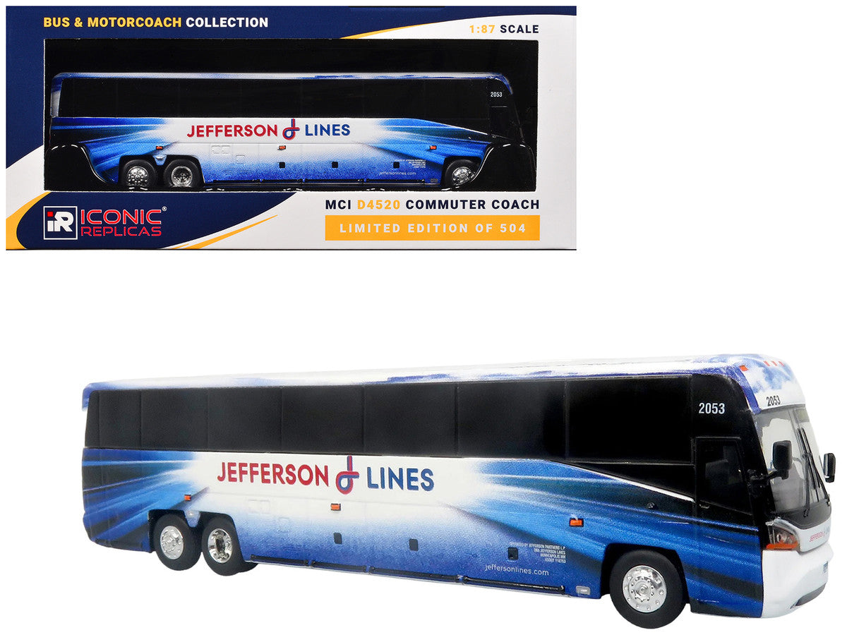 MCI D4520 Commuter Coach Bus "Jefferson Lines" White with Blue Graphics "The Bus & Motorcoach Collection" Limited Edition to 504 pieces Worldwide 1/87 (HO) Scale Diecast Model by Iconic Replicas Iconic Replicas