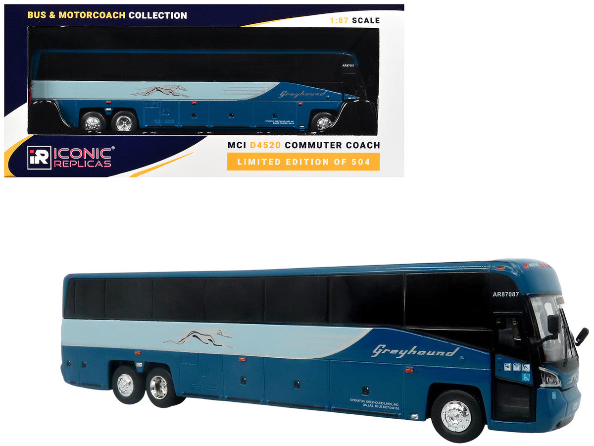 MCI D4520 Commuter Coach Bus "Greyhound Lines" Blue with Light Blue Stripes "The Bus & Motorcoach Collection" Limited Edition to 504 pieces Worldwide 1/87 (HO) Scale Diecast Model by Iconic Replicas Iconic Replicas