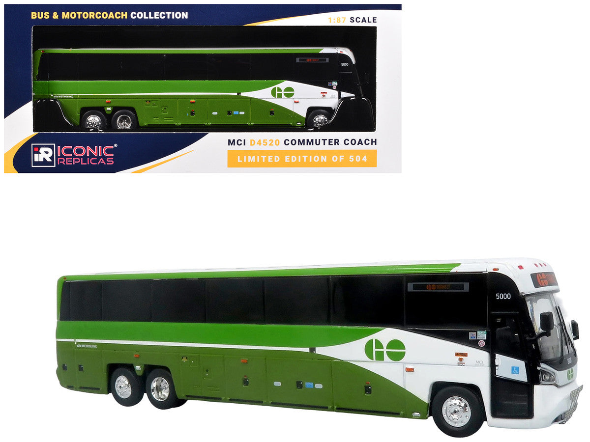 MCI D4520 Commuter Coach Bus "GO Transit" Green and White "The Bus & Motorcoach Collection" Limited Edition to 504 pieces Worldwide 1/87 (HO) Scale Diecast Model by Iconic Replicas Iconic Replicas