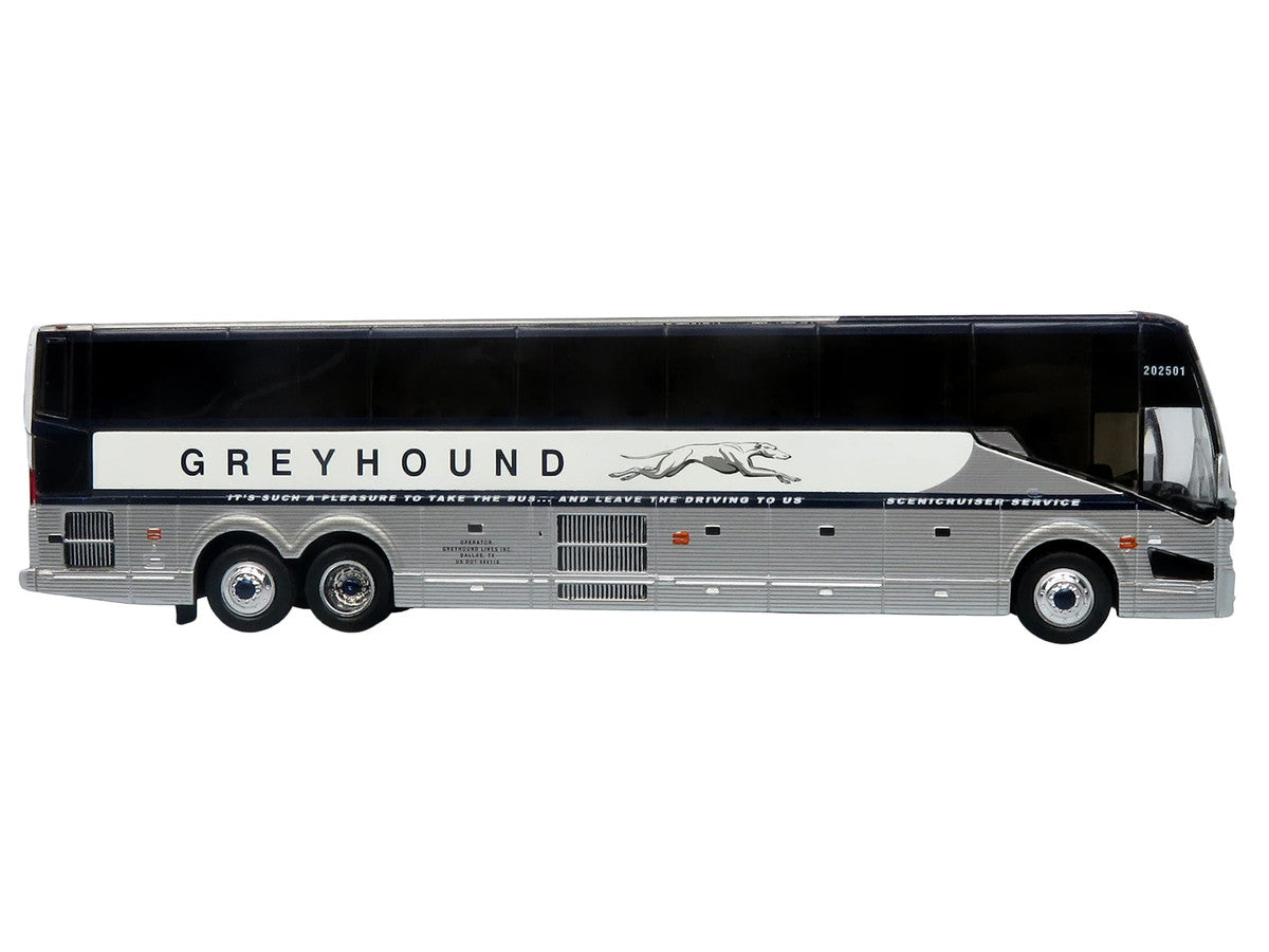 Prevost H3-45 Coach Bus "Greyhound Scenicruiser Service" White and Raw Metal "The Bus & Motorcoach Collection" Limited Edition to 504 pieces Worldwide 1/87 (HO) Scale Diecast Model by Iconic Replicas Iconic Replicas