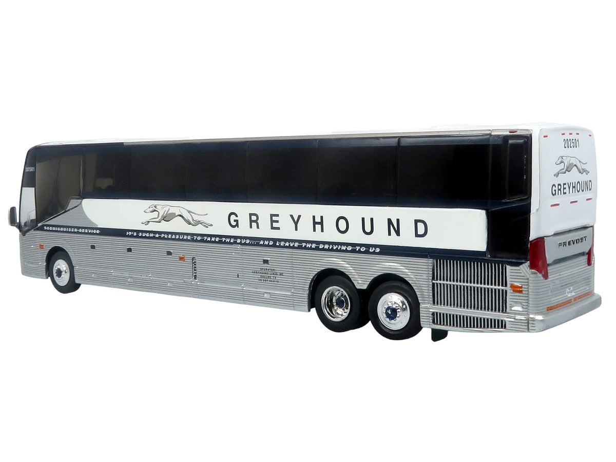 Prevost H3-45 Coach Bus "Greyhound Scenicruiser Service" White and Raw Metal "The Bus & Motorcoach Collection" Limited Edition to 504 pieces Worldwide 1/87 (HO) Scale Diecast Model by Iconic Replicas Iconic Replicas