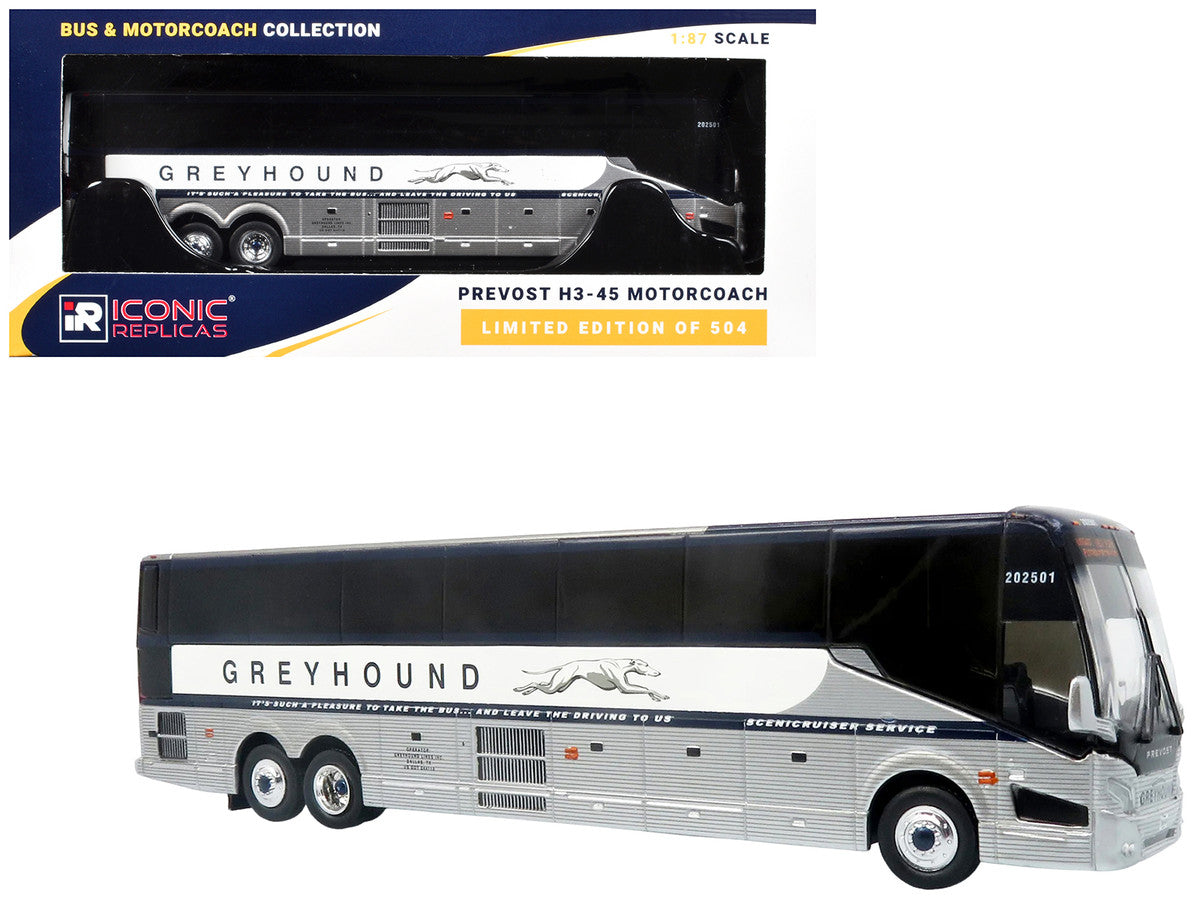 Prevost H3-45 Coach Bus "Greyhound Scenicruiser Service" White and Raw Metal "The Bus & Motorcoach Collection" Limited Edition to 504 pieces Worldwide 1/87 (HO) Scale Diecast Model by Iconic Replicas Iconic Replicas