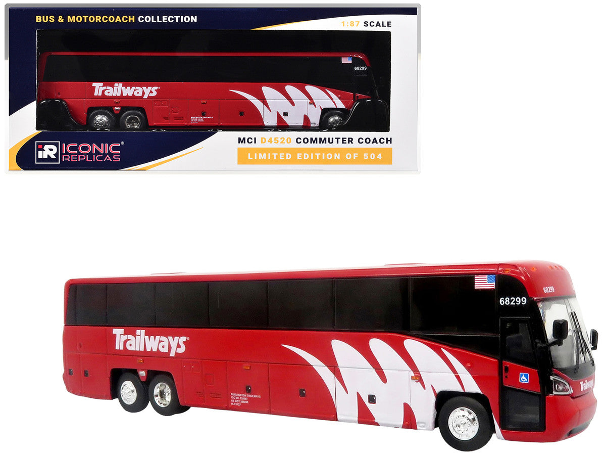 MCI D4520 Commuter Coach Bus "Burlington Trailways" Red with White Graphics "The Bus & Motorcoach Collection" Limited Edition to 504 pieces Worldwide 1/87 (HO) Scale Diecast Model by Iconic Replicas Iconic Replicas