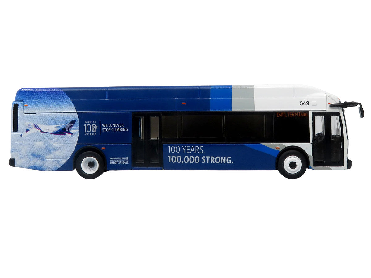 New Flyer Xcelsior XN40 Transit Bus "Delta Air Lines 100th Anniversary" Blue and White with Graphics "The Bus & Motorcoach Collection" Limited Edition 1/87 (HO) Scale Diecast Model by Iconic Replicas Iconic Replicas