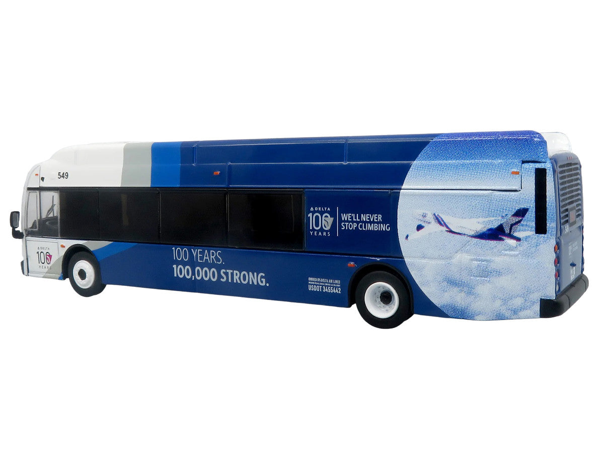New Flyer Xcelsior XN40 Transit Bus "Delta Air Lines 100th Anniversary" Blue and White with Graphics "The Bus & Motorcoach Collection" Limited Edition 1/87 (HO) Scale Diecast Model by Iconic Replicas Iconic Replicas