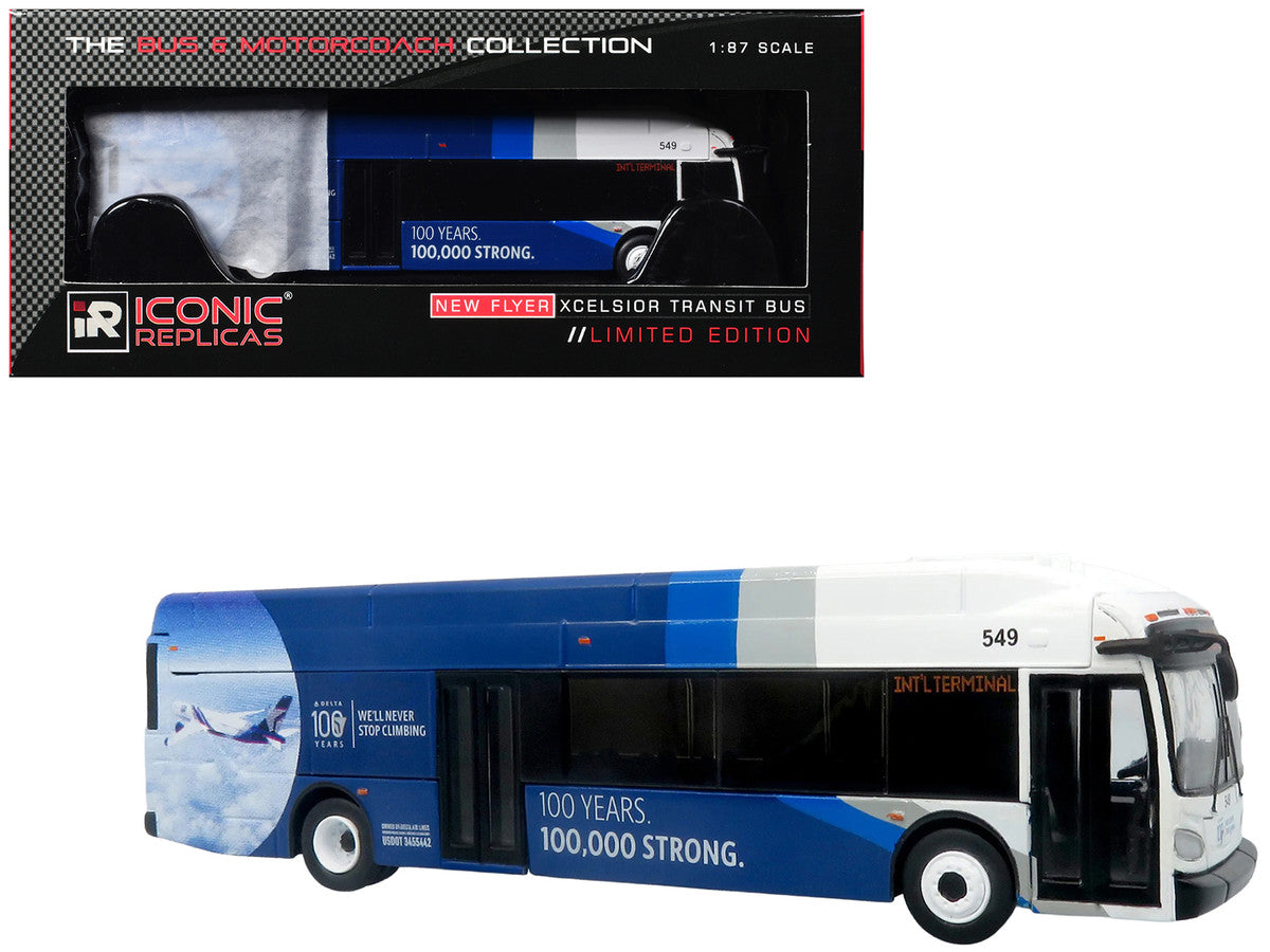 New Flyer Xcelsior XN40 Transit Bus "Delta Air Lines 100th Anniversary" Blue and White with Graphics "The Bus & Motorcoach Collection" Limited Edition 1/87 (HO) Scale Diecast Model by Iconic Replicas Iconic Replicas