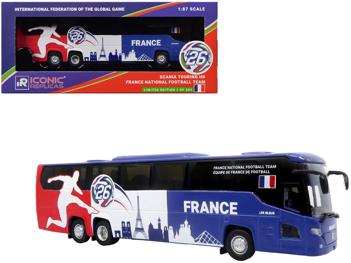 Scania Touring HD Coach Bus "France National Football Team" Blue with Graphics "International Federation of the Global Game" Series Limited Edition to 504 pieces Worldwide 1/87 (HO) Diecast Model by Iconic Replicas Iconic Replicas