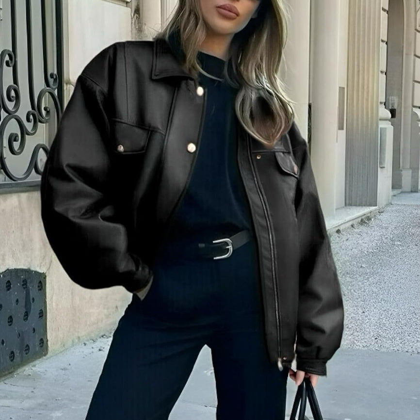 Women's Leather Jacket Loose Long Sleeve Lapel Motorcycle Jacket LadyShow.Store