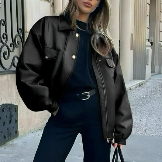 Women's Leather Jacket Loose Long Sleeve Lapel Motorcycle Jacket LadyShow.Store