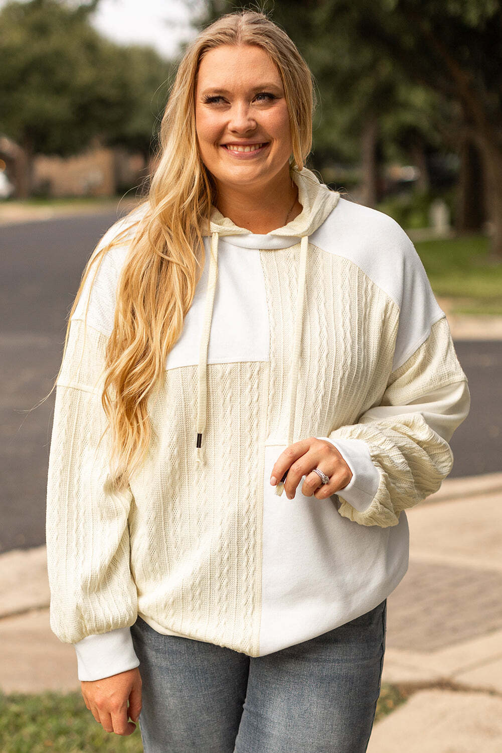 Beige Textured Patchwork Exposed Seam Plus Size Hoodie W2B
