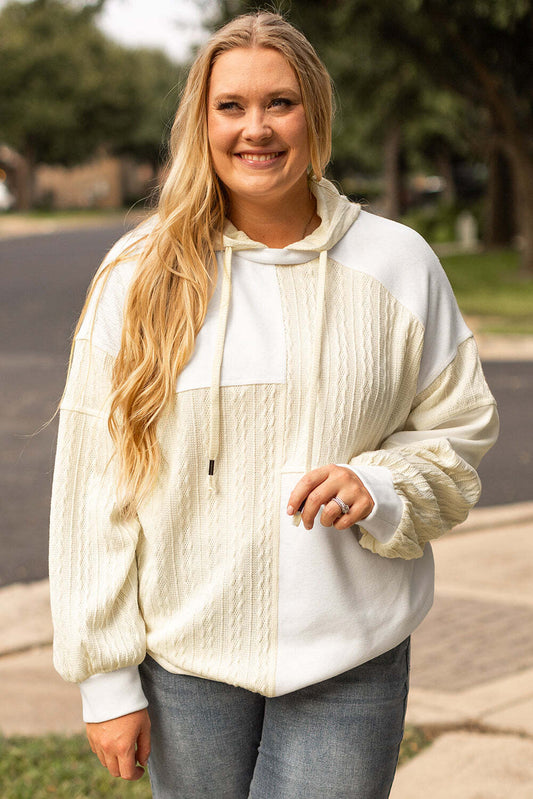 Beige Textured Patchwork Exposed Seam Plus Size Hoodie W2B