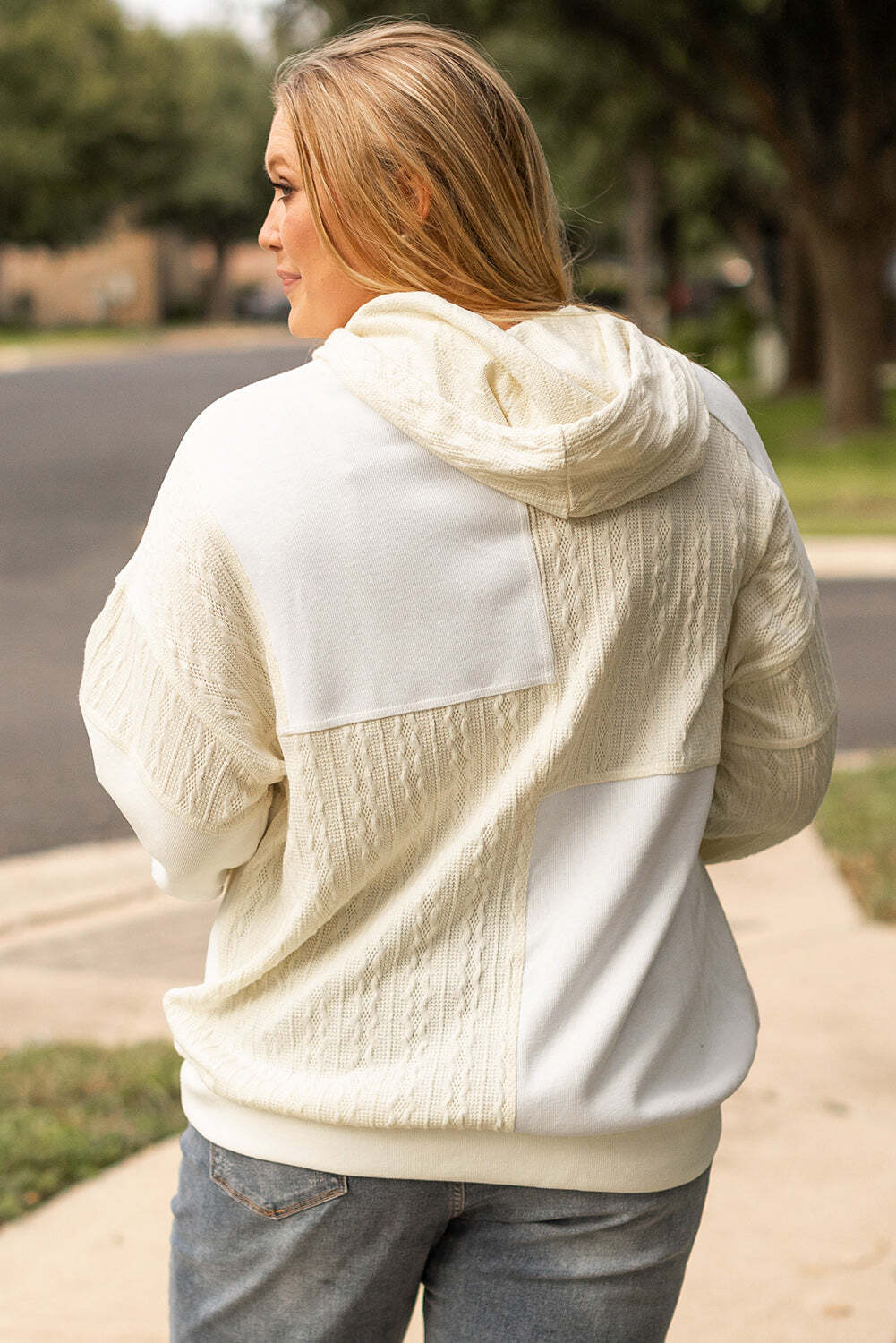 Beige Textured Patchwork Exposed Seam Plus Size Hoodie W2B