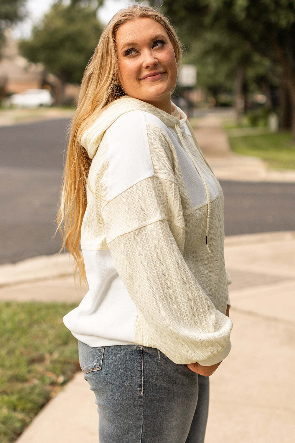 Beige Textured Patchwork Exposed Seam Plus Size Hoodie W2B