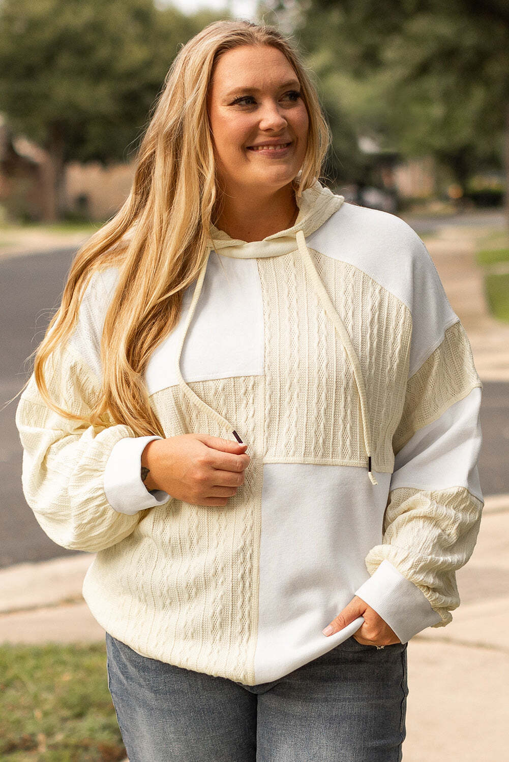 Beige Textured Patchwork Exposed Seam Plus Size Hoodie W2B