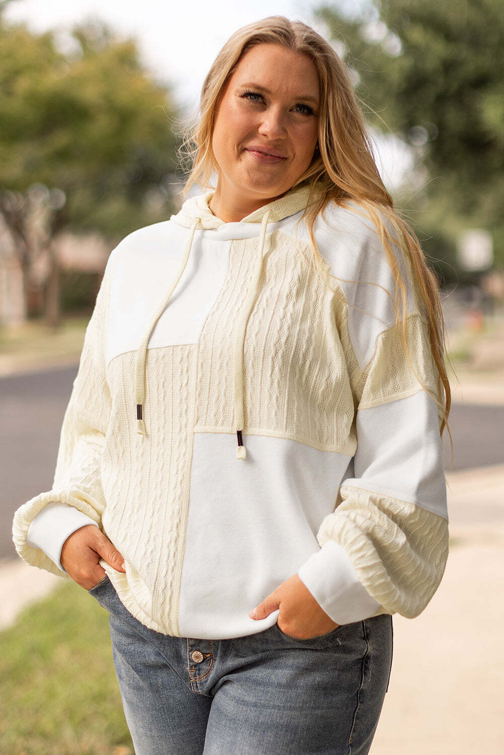 Beige Textured Patchwork Exposed Seam Plus Size Hoodie W2B