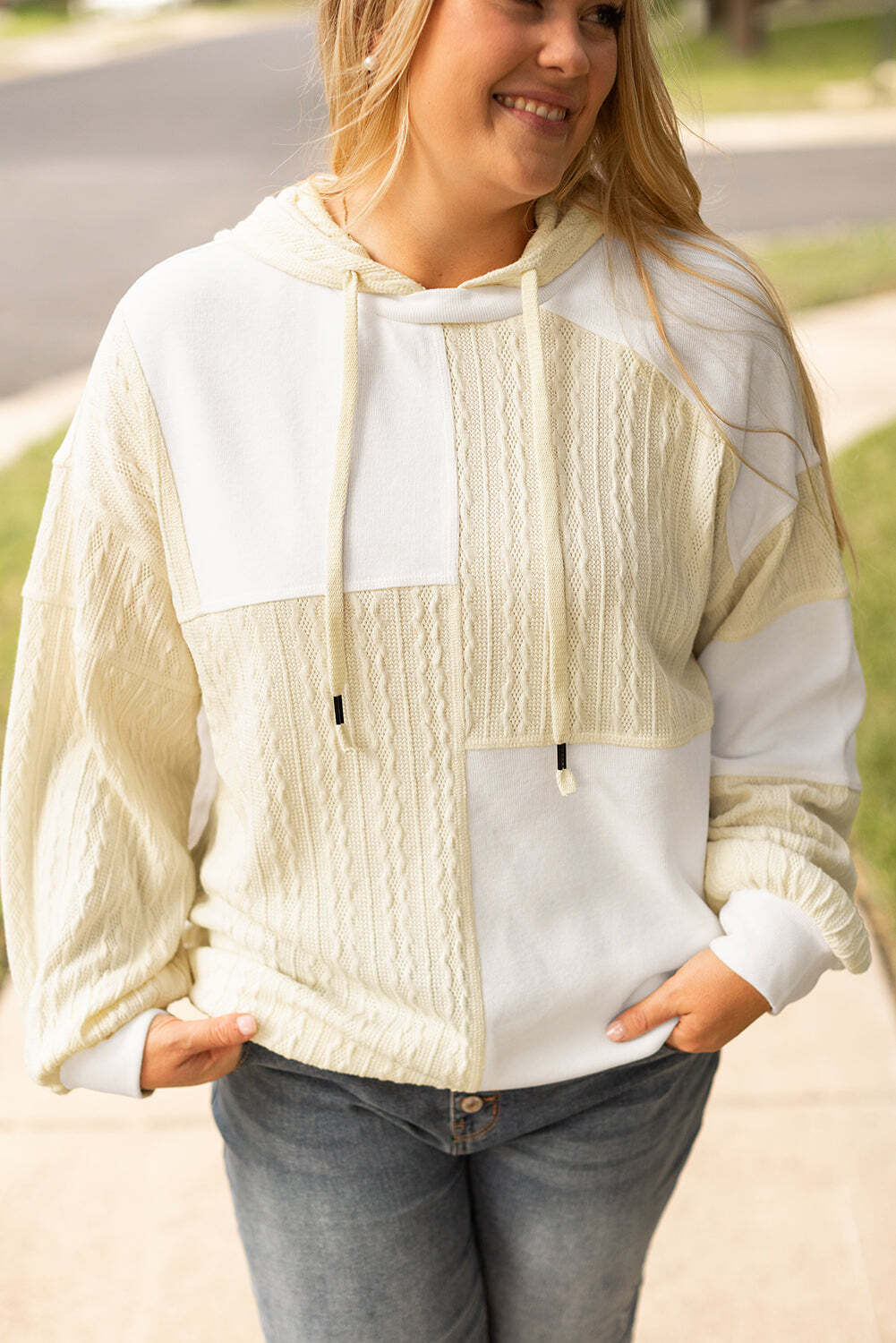 Beige Textured Patchwork Exposed Seam Plus Size Hoodie W2B