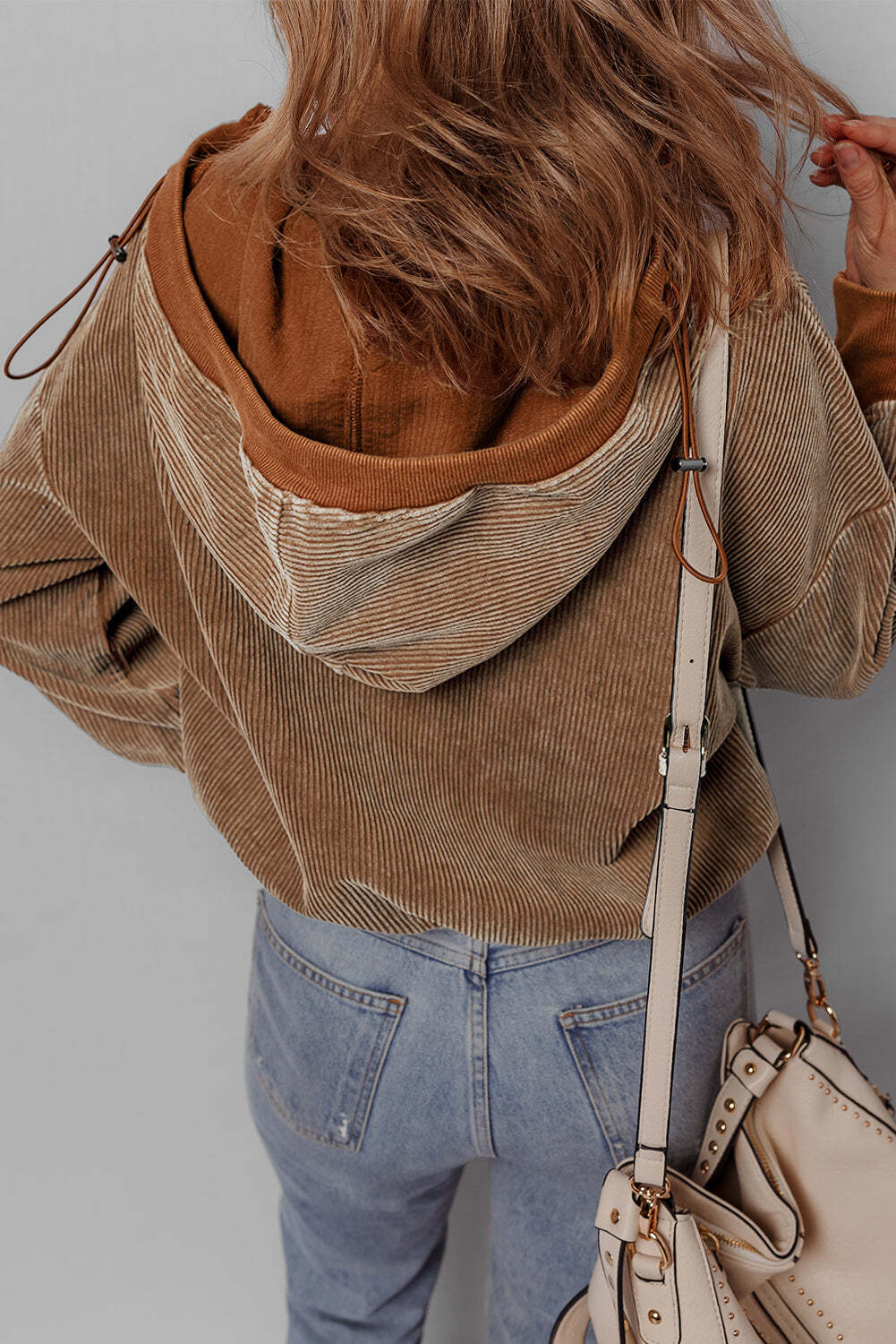 Chestnut Half Zipper Kangaroo Pocket Drawstring Corduroy Hoodie W2B